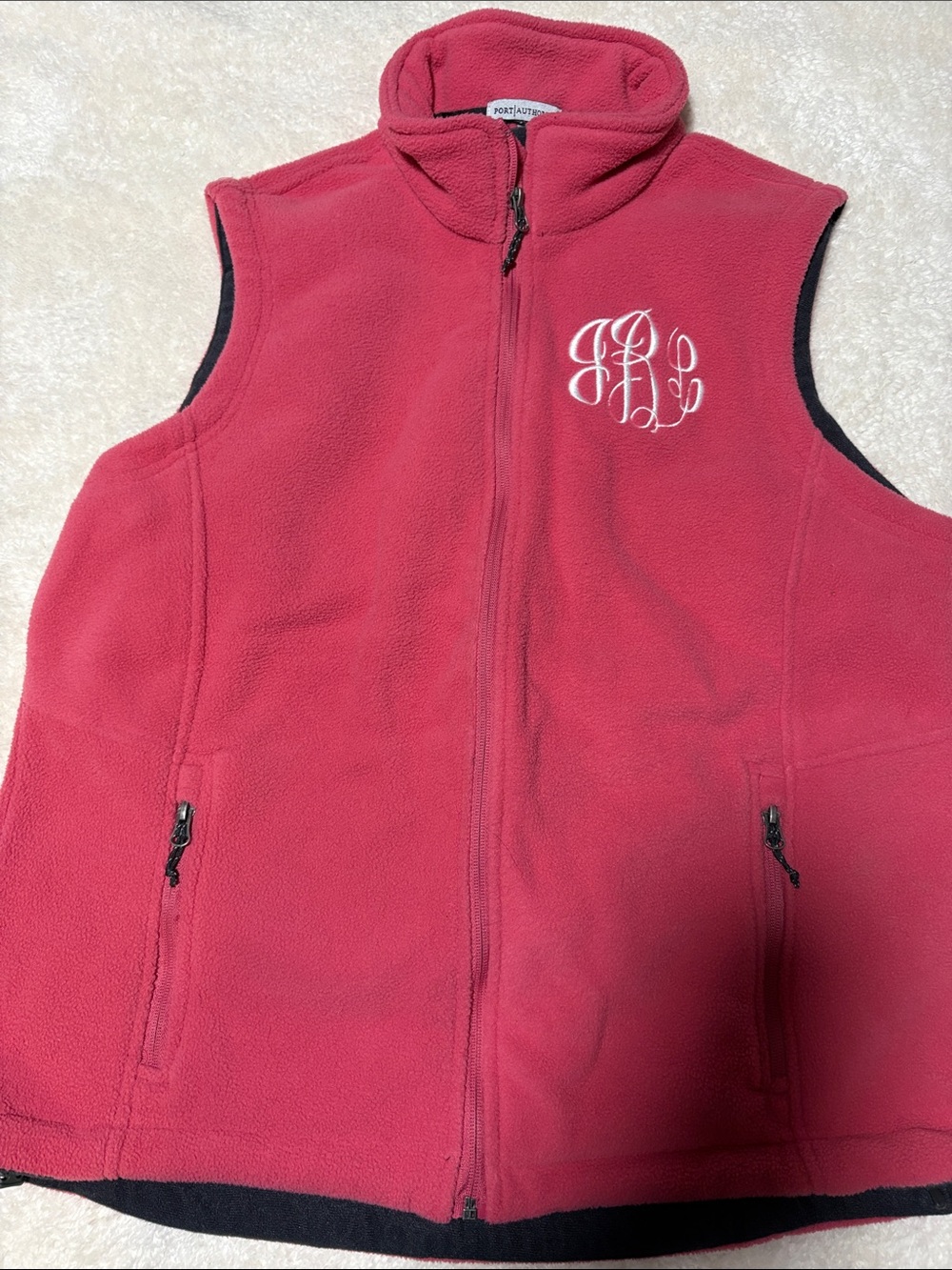 Port Authority Raspberry Pink Fleece Vest with Monogram (initials JLB)